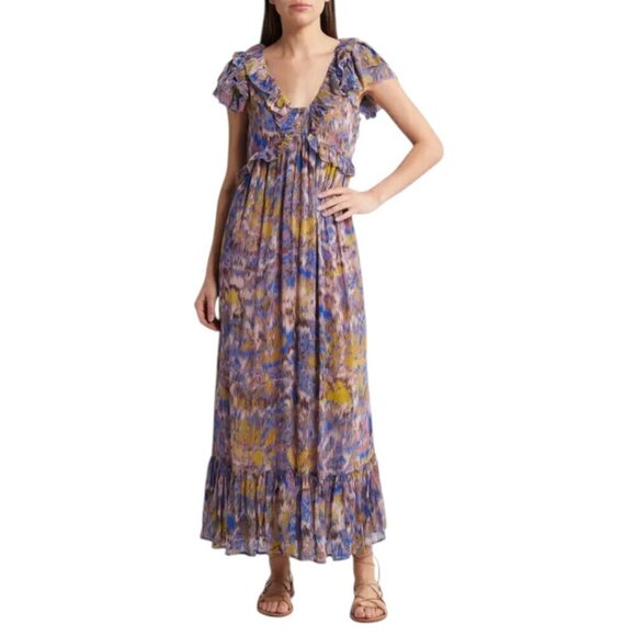 Cleobella Helene Azucar Print Ruffle Flutter Sleeve Smocked Maxi Dress - Picture 1 of 14